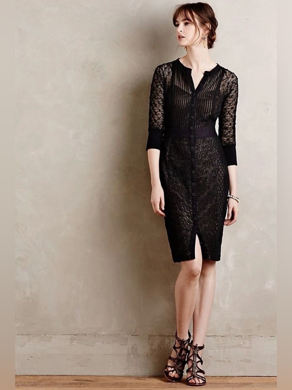Anthropologie Beguile Byron Lars Mona Black Lace Button Front Dress Size 2